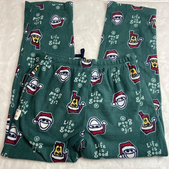 Life Is Good Fleece Pajama Pants Men's Medium Holiday Santa Dog Green Pockets - Picture 6 of 10